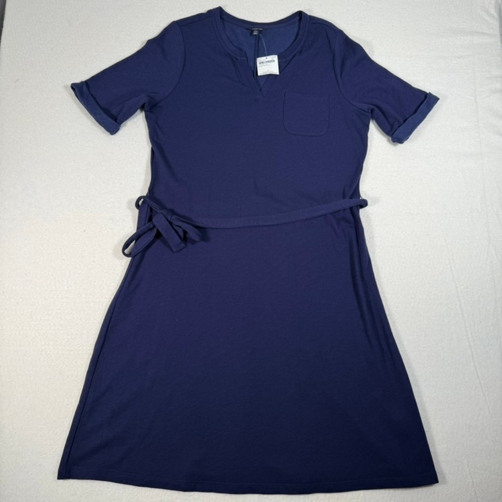 NWT Lands' End Navy Belted Dress Short Sleeve Pocket L‎ 14-16 Midnight Indigo